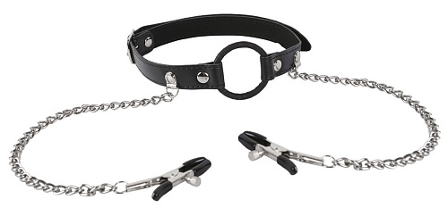 Чёрный расширитель рта с зажимами для сосков Пикантные штучки DP326