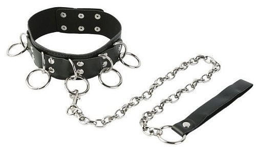 Чёрный средний ошейник с кольцами и поводком Пикантные штучки DP079
