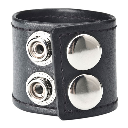 Чёрный хомут-утяжка для мошонки из искусственной кожи на клепках BlueLine SNAP BALL STRETCHER BLM1687