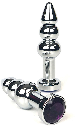 Серебристая коническая анальная пробка-ёлочка с фиолетовым кристаллом Vandersex 159-F (11 см)