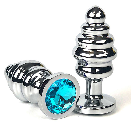 Серебристая ребристая анальная пробка с голубым кристаллом Vandersex 185-RB1L (8 см)