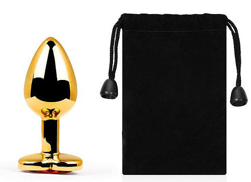 Золотистая анальная пробка с красным стразом-сердечком Anal Jewelry Plug SCHG-16 (7 см)