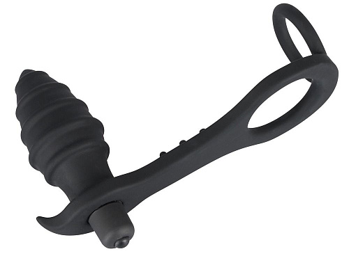 Чёрное эрекционное кольцо с подхватом мошонки и ребристой анальной вибропробкой Orion 0587338