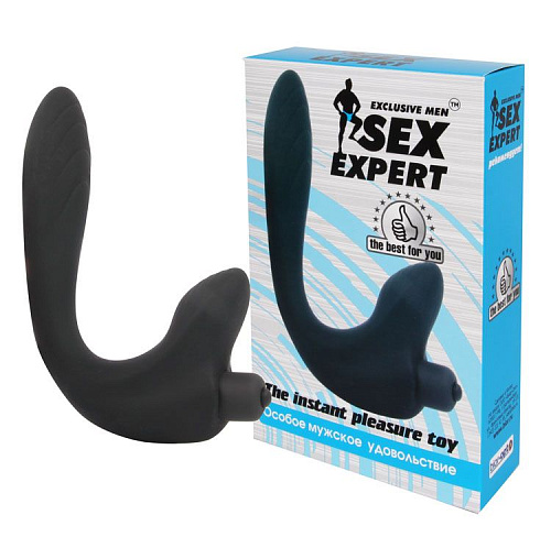 Черный удлиненный силиконовый массажер простаты Sex Expert с отростком Bior toys SEM-55103