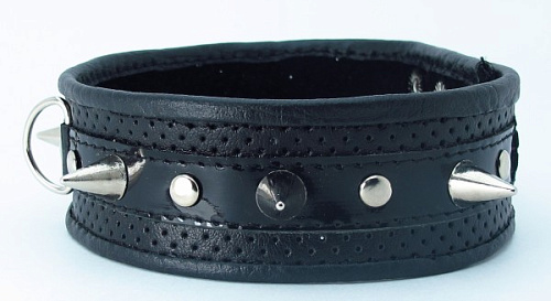 Чёрный кожаный ошейник с толстыми шипами БДСМ арсенал 55014