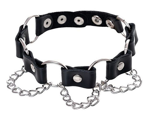 Чёрный ошейник с кольцами и цепочкой Штучки-дрючки 690221