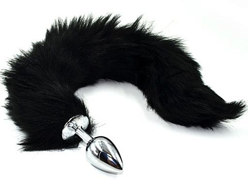 Серебристая анальная пробка из нержавеющей стали с чёрным гибким хвостом Kanikule AP-AL001-SB