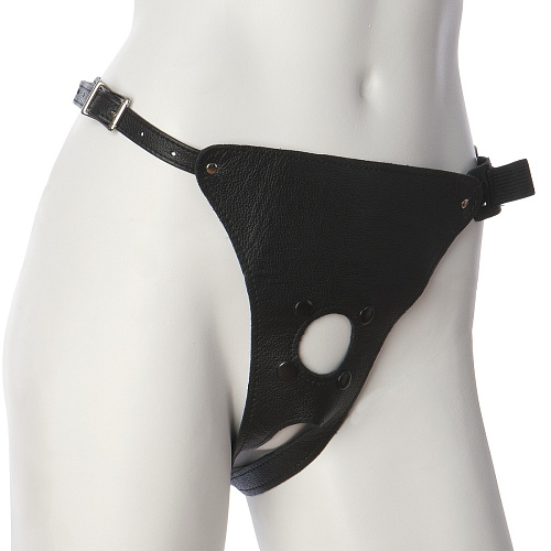 Кожаные трусики унисекс чёрного цвета со штырьком для фиксации насадок Doc Johnson Leather Ultra Harness with Plug 1010-06-BX