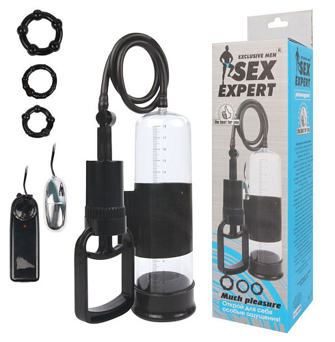 Прозрачная вакуумная вибропомпа для увеличения фаллоса с 3 эрекционными кольцами Bior toys SEM-55124