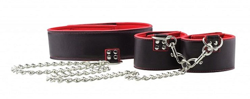 Чёрно-красный двусторонний ошейник с наручниками Reversible Collar and Wrist Cuffs Shots Media BV OU187RED