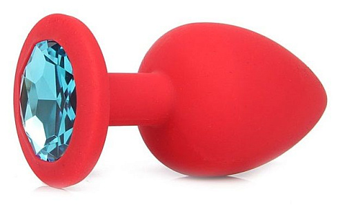 Красная силиконовая анальная пробка с голубым стразом Vandersex 122-1RBL (6,8 см)