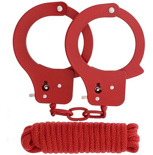 Красные наручники из листового металла в комплекте с верёвкой Dream Toys BONDX METAL CUFFS LOVE ROPE SET 20868