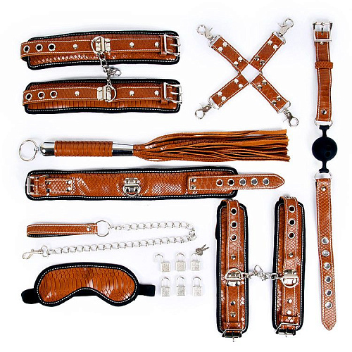 Стильный большой набор БДСМ в коричневом цвете (маска, ошейник, кляп, фиксатор, наручники, оковы, плеть) Bior toys NTU-80498