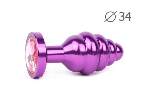 Коническая ребристая фиолетовая анальная втулка с розовым кристаллом Anal Jewelry Plug AV-02-M (8 см)
