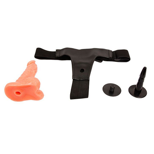 Реалистичный страпон телесного цвета на чёрных ремешках Baile BW-022007 (15,5 см)