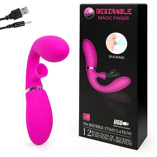 Ярко-розовый вибромассажёр с клиторальным отростком Baile Magic Finger BI-014435 (29 см)