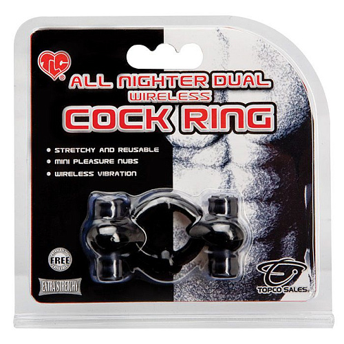 Чёрное эрекционное кольцо с двумя вибраторами Topco Sales TLC All Nighter Dual Wireless Cock Ring1006021