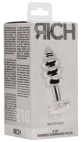 Серебристая ребристая анальная пробка с прозрачным кристаллом Shots Media BV RIC016SIL (8,3 см)