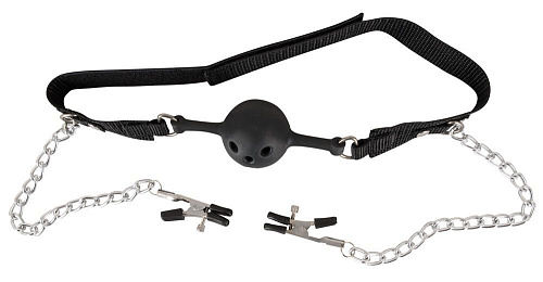 Чёрный силиконовый кляп-шар с зажимами для сосков на серебристых цепочках Orion 0522678