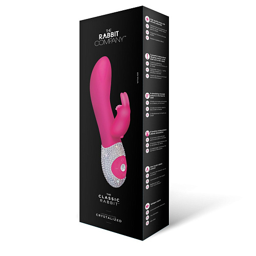 Ярко-розовый вибромассажёр с клиторальным отростком и отделанной стразами рукоятью The Rabbit Company The Classic Rabbit TRC-001HPBLING (22 см)