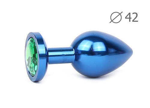 Коническая синяя анальная втулка с зелёным кристаллом Anal Jewelry Plug BLUL-07 (9,3 см)