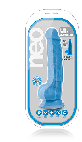 Голубой реалистичный фаллоимитатор на присоске Blush Novelties NEO 7.5INCH DUAL DENSITY COCK W. BALLS BL-89702 (19 см)