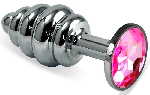 Серебристая ребристая анальная пробка с малиновым кристаллом Vandersex 180-P2 (8 см)