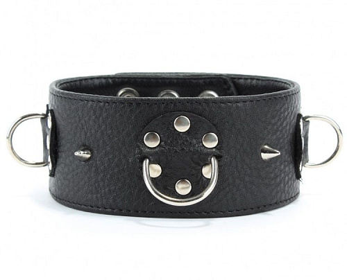 Чёрный кожаный ошейник с кольцами и клёпками БДСМ арсенал 55019