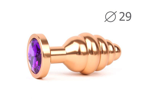 Коническая ребристая золотистая анальная втулка с кристаллом фиолетового цвета Anal Jewelry Plug AG-04-S (7,1 см)