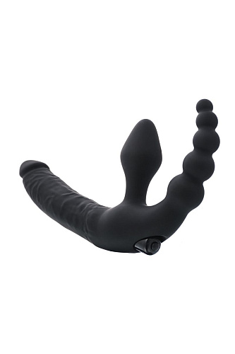 Чёрный безремневой страпон с вибрацией и анальным отростком ToyFa 901401-5