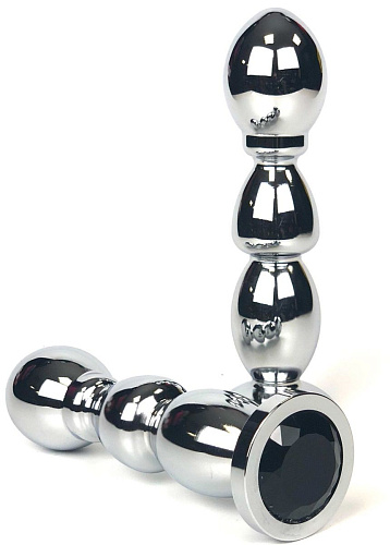 Серебристая закругленная анальная пробка-ёлочка с чёрным кристаллом Vandersex 159-MAL1 (13 см)