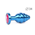 Коническая ребристая синяя анальная втулка с малиновым кристаллом Anal Jewelry Plug ABL-14-M (8 см)