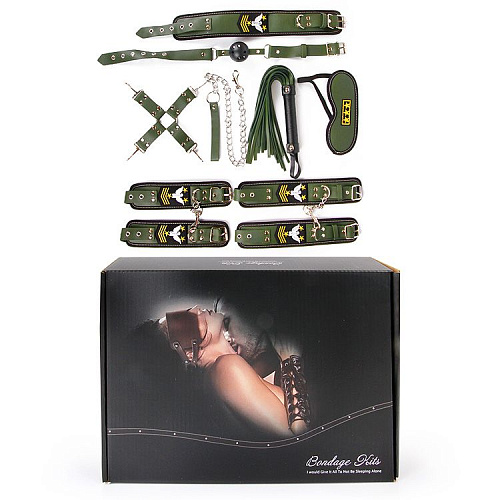 Набор в армейской тематике: наручники, оковы, ошейник с поводком, кляп, маска, плеть, фиксатор Bior toys NTB-80481