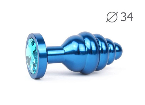 Коническая ребристая синяя анальная втулка с голубым кристаллом Anal Jewelry Plug ABL-05-M (8 см)