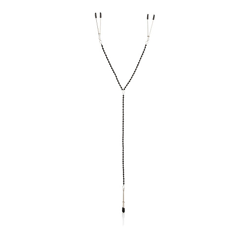 Серебристые зажимы на соски с чёрной цепочкой California Exotic Novelties Tweezer Intimate Clamps SE-2610-15-2