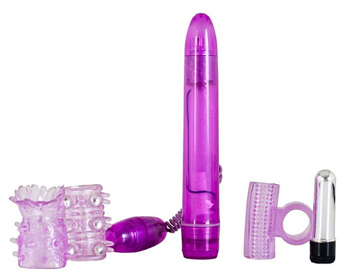 Фиолетовый вибратор с набором насадок ToyFa 885107 (15,2 см)