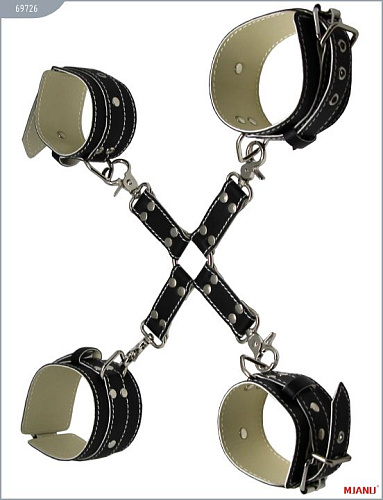 Крестовина с карабинами и манжеты для рук и ног из чёрной кожи X-Market Ltd 69726