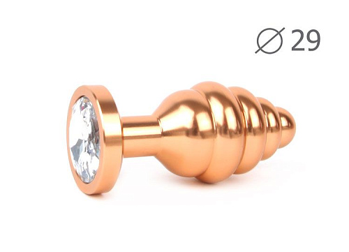 Коническая ребристая золотистая анальная втулка с прозрачным кристаллом Anal Jewelry Plug AG-01-S (7,1 см)