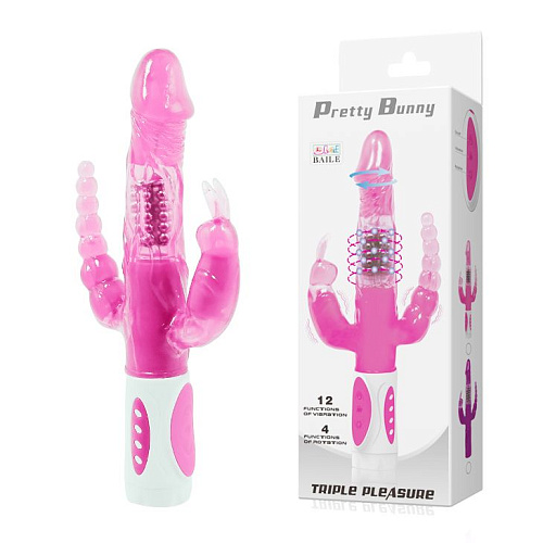Розовый вибратор-ротатор с анальным и клиторальным стимуляторами Baile BW-065005-0101 (22,3 см)