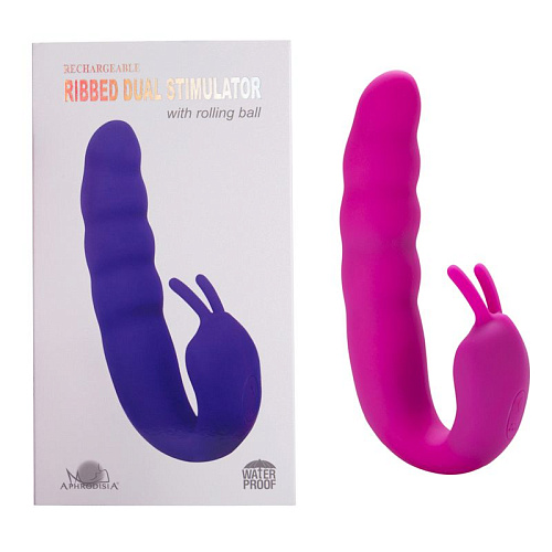 Розовый вибратор Howells Ribbed Dual Stimulator with Rolling Ball 183316Rose (17 см)