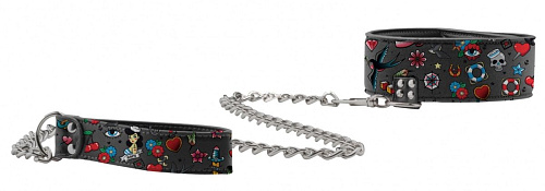Чёрный ошейник Shots Media BV Printed Collar With Leash Old School Tattoo Style OU451BLK