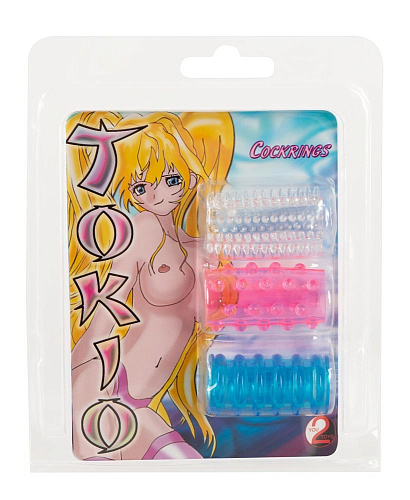 Комплект из трёх рельефных, разноцветных насадок на пенис Orion Tokyo Sleeves 05143060000