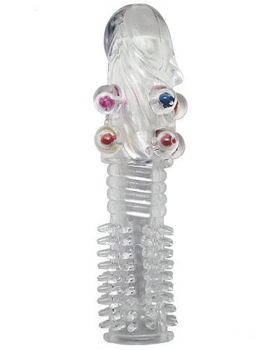 Прозрачная гелевая насадка-ёршик с бусинками Eroticon 30263 (14 см)