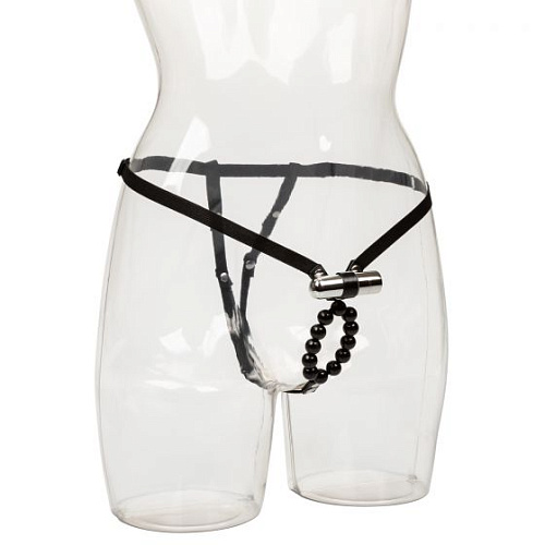Чрные трусики с серебристой перезаряжаемой вибропулей и стимулирующими бусинами California Exotic Novelties Rechargeable Lovers Cheeky Panty with Stro