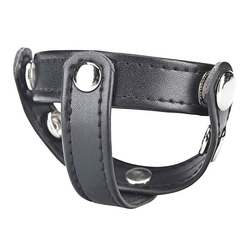 Чёрное кольцо на пенис с разделителем мошонки из искусственной кожи на клепках BlueLine T-STYLE COCK RING BLM1693