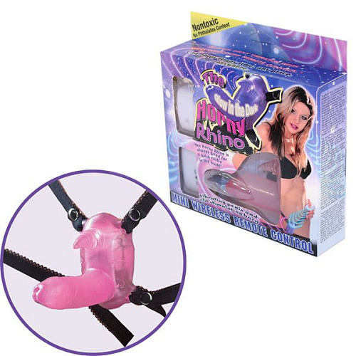 Розовый вибростимулятор в виде рога носорога на регулируемых трусиках и с пультом ДУ NMC 190108