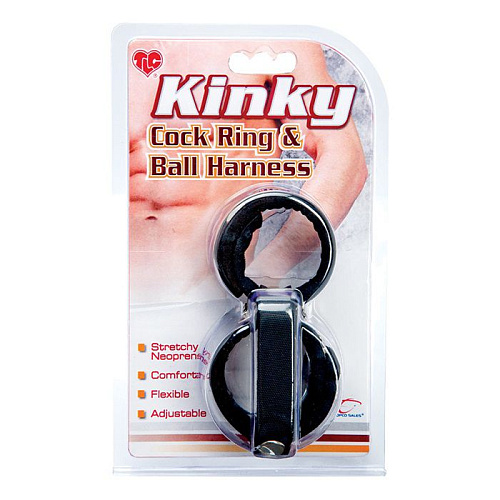 Двойная неопреновая в чёрном цвете утяжка на пенис Topco Sales TLC Kinky Cock Ring  Ball Harness1006017