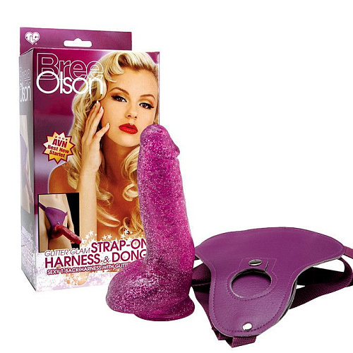 Гламурный страпон фиолетового цвета с блёстками Topco Sales Bree Olson Glitter Glam Strap-On Harness Dong 1003060 (16 см)
