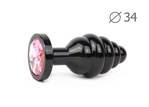Коническая ребристая чёрная анальная втулка с розовым кристаллом Anal Jewelry Plug ABCK-02-M (8 см)