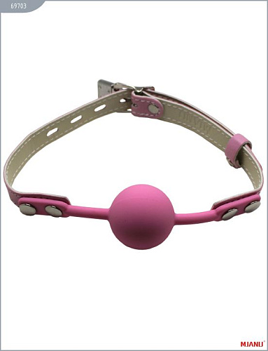 Розовый силиконовый кляп с фиксацией розовыми кожаными ремешками MJANU 69703